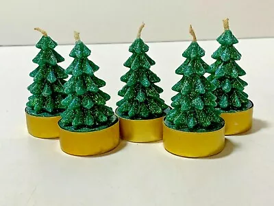 Vintage LOT 5 Wax GREEN Glitter Christmas Tree Shaped Candles 2.5  Tall X 1.5  • $11.87