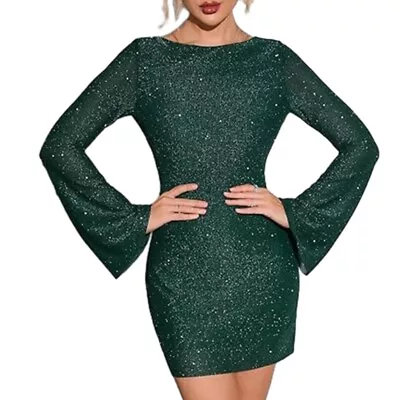 Women S Elegant Long Sleeve Sequins Bodycon Mini Dress Cocktail Party Dress • $33.63