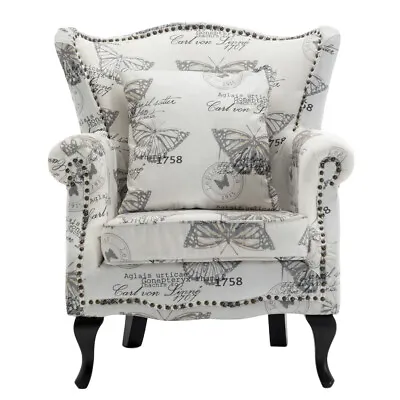Vintage Butterfly Velvet Print Wing Back Chesterfield Chair Queen Anne Armchair • £199.95