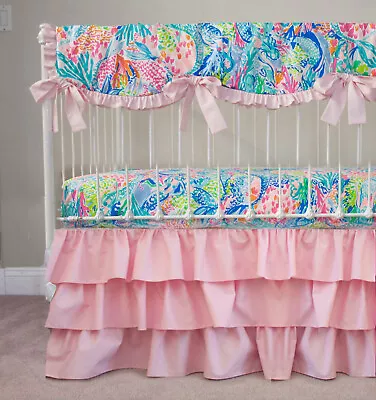 Baby Girl Crib Bedding Set - Pink Lime Mermaid Cove Nursery • $55