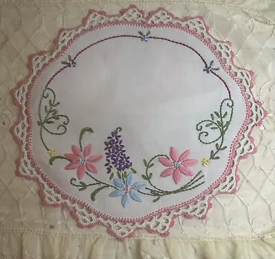 Vintage Hand Embroidered Linen Doily With Crochet Edges Flowers • $12