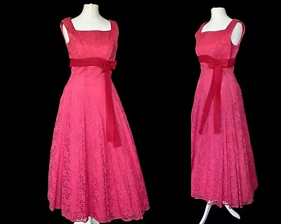 Vintage Lace Illusion Dress 50's Original Pinky Red Size 10 Satin Bow • £68