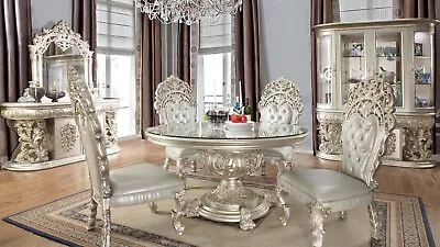 5 Pc Formal Round Dining Room Set Antique Silver Finish Glass Top Table Chairs  • $8799.95