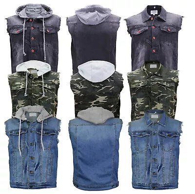 Men's Distressed Button Up Slim Fit Denim Vest With Removable Drawstring Hood  • $38.80