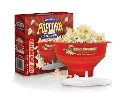 MacCorns Microwave Popcorn Making Collapsible Silicone Red Bowl With Lid Handles • £14.99