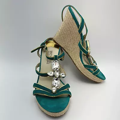 Michael Kors Womens Espadrilles Wedges Sandals Sz 5.5 Teal Summer Open Toe Shoes • $22.92