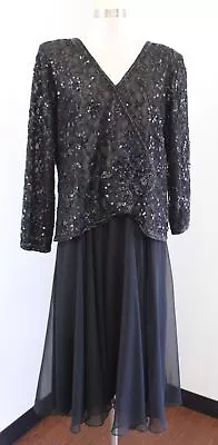 Vtg Jack Bryan Black Floral Lace Sequin Beaded Evening Party Dress Size 18 • $49.99