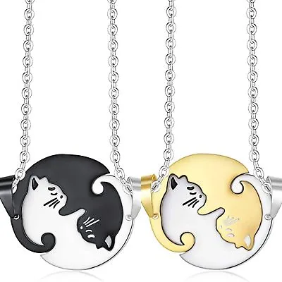 2pc Cat Matching Necklace Couple Cute Pendant Love BFF Stainless Steel Women Men • $6.29