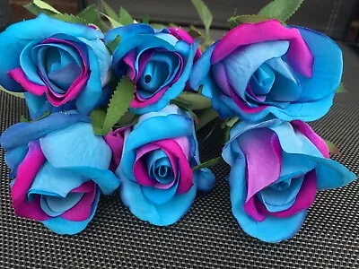 6x 54cm Blue Cerise STITCH ROSES Artificial Rosebud Stems Rainbow Gift Flowers • £14.95