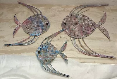VINTAGE WICKER RATTAN FISH WALL HANGING SET 3 BOHO NAUTICAL MID CENTURY Painted  • $15.98