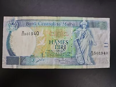 MALTA 5 Liri L:1967 Circulated Banknote • $10