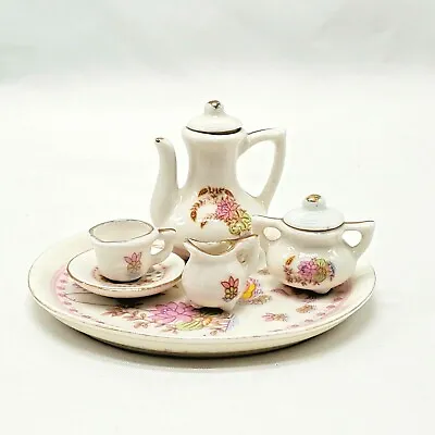 Miniature Porcelain Tea Set Lotus Flowers Gold Trim Doll-Sized 8 Piece Set • $19.99