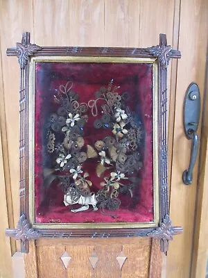 Large Antique Victorian Human Hair Mourning Art Picture Shadow Box Frame • $121