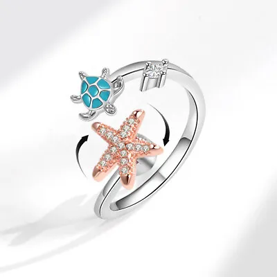 Starfish Turtle Cubic Zirconia Spinner Rings Fidget Anxiety Women Jewelry Gifts • $2.60