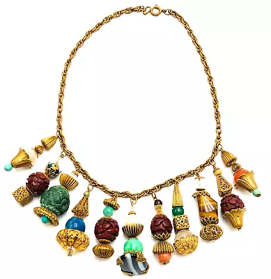 Early Vintage Unsigned Miriam Haskell Asian Bead Filigree Bib Dangle Necklace • $323.99