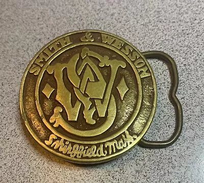 Belt Buckle Smith & Wesson Brass Springfield Mass WS Logo Round Guns Vintage • $27