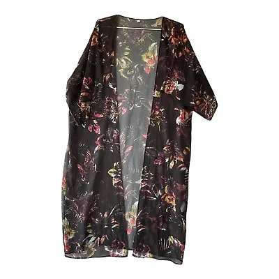 All About Eve Black Floral Kimono Size M L Overshirt Long Maxi Open Short Sleeve • $23.95