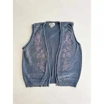Vintage 90s Silk Boutique Embroidered Knit Cardigan Vest Medium • $7.99