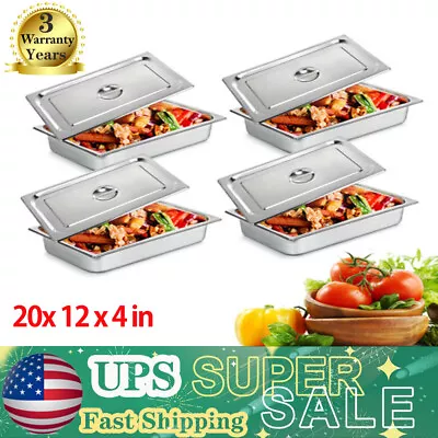 4pc 4  Deep Full Size Stainless Steel Steam Table Pans +Lids Hotel Food Silver • $49.40