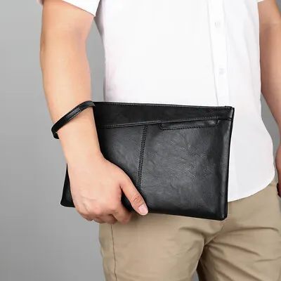 Men’s Leather Bag Black Business Clutch Purse Quality Wrist Wallets Handy Bag • $34.85