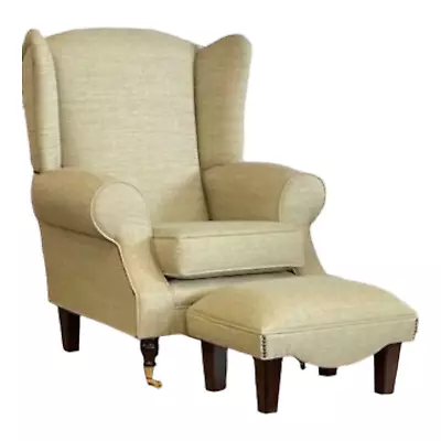 Queen Anne Wing Back Cottage Fireside Chair & Footstool Beige Weave Fabric  • £578