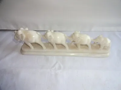 Vintage Hand Carved White Onyx Troop Of Elephants Height 6 Cm X 21 Cm X 3.5 Cm • £22