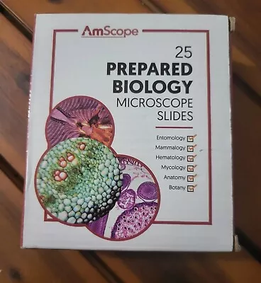 AmScope 25 Prepared Biology Microscope Slides - Glass In Wood Box • $17.99