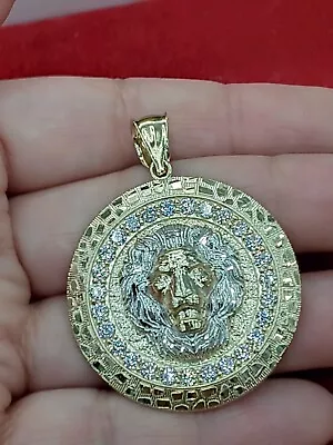 10k Gold High Polish CZ Medallion Lion Head Charm Pendant • $499.99