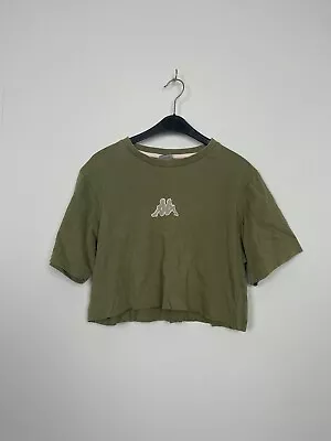 KAPPA Vintage Khaki Logo Oversized Crop Top T Shirt Sports Festival UK 6-12 • £10.99