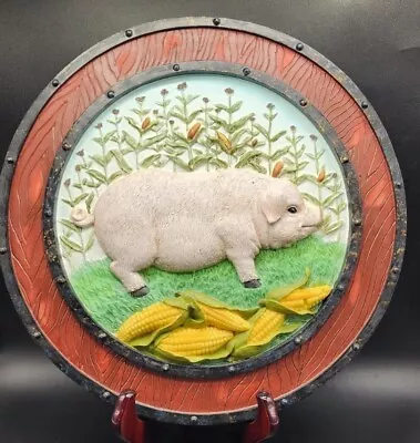 £17.61 • Buy Vintage Wall Decor Pig Farm Corn Stalks Round Chalkware Port Key Style Folk Art