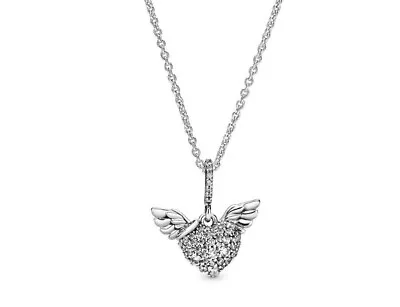 $85 • Buy Genuine Pandora Pave Heart And Angel Wings Necklace 398505C01-45