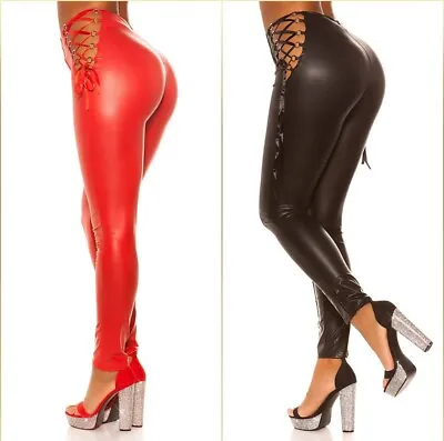 Koucla Leggings Women Wetlook Leather Leggings With Lacing Milax-Fashion • £25.74