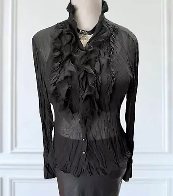 Vintage 90's Black Ruffle Shirt Jabot Collar Gothic Style Crinkle Fabric Size 10 • $38