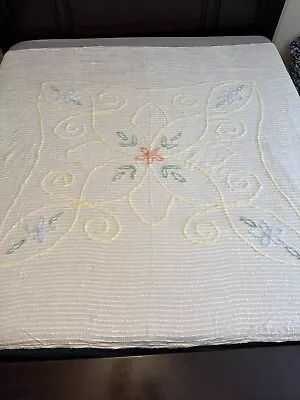 Chenille Coverlet Bedspread Cotton Pink Yellow Blue Green 94 X 74 VTG • $39.99