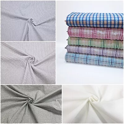 Seersucker Fabric Cotton Blend Gingham Stripe Traditional Wrinkle Texture 107gsm • £3.75