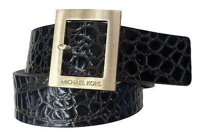 MICHAEL KORS 2 Faux Crock Skin Women's Belt Brown Black MK Gold Buckle Sz Small • $25.99