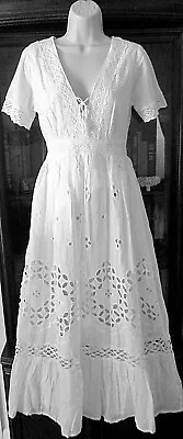 NWT Me 2 Magic White Cotton Eyelet Crochet Laced Up V-Neck Maxi Dress S L • $32.99