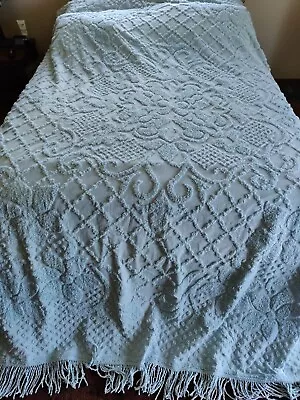 VINTAGE Blue CHENILLE Bedspread  W/Fringe Queen EXCELLENT CONDITION • $58