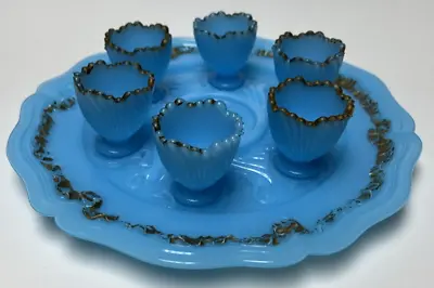 Antique Lot Of 7 Portieux Vallerysthal Egg Tray Cup Emboss Gold Blue Milk Glass • $156