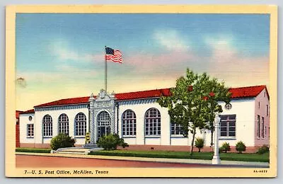 McAllen Texas~US Post Office Bldg Street View~US Flag~Vintage Linen Postcard • $3.70