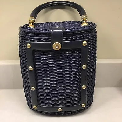 Vintage Faux Wicker Handbag Purse Navy Blue 1950s 1960s Lined  • $42