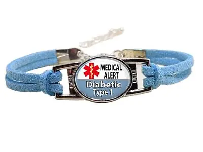 Diabetic Type 1 Medical Alert Bracelet Leatherette Cord Adjustable 7 -9  Lt Blue • $15.95