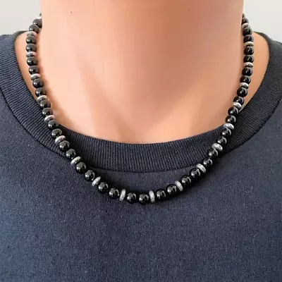 Mens Black Onyx And Silver Hematite Rondelle Beaded Necklace • $34