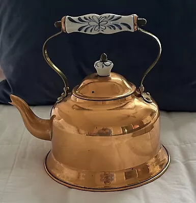Vintage Copper Teapot Kettle Retro Blue White Ceramic Handle • $23