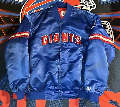 Vintage 80'S Starter New York Giants Satin Bomber Varsity Jacket Size 4XL Blue • $115