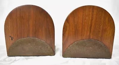 Vintage Mid Century Modern Walnut Wood & Hammered Brass Bookends Arch Shape MCM • $19.95