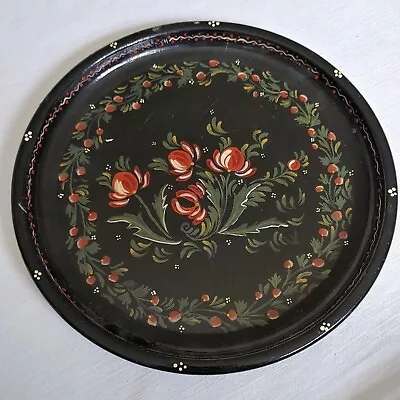 Vintage Hand Painted Round Metal Tray 11  Diameter Wall Decor Floral/Black • $10