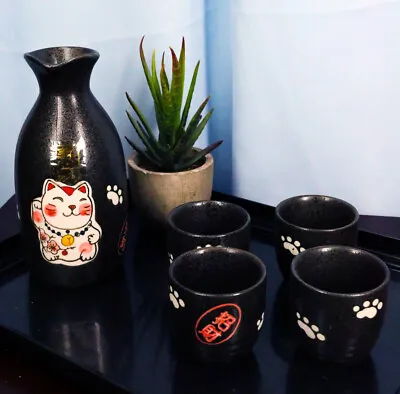 Maneki Neko Lucky Charm Cat Glazed Ceramic Black Sake Set Flask With Four Cups • $25.99