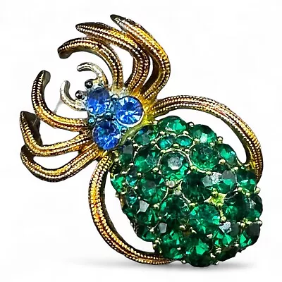 Stunning Vintage Emerald Green And Blue Rhinestone And Gold Tone Spider Brooch • $15