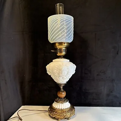 Stunning Vintage GWTW Banquet Lamp Milk Glass Cherub Opalescent Shade 26” Tall • $72